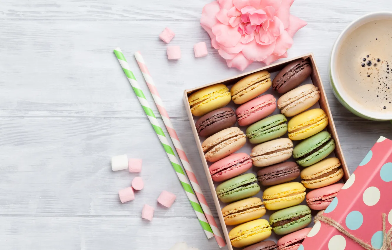 Photo wallpaper flowers, gift, colorful, wood, pink, flowers, coffee cup, macarons