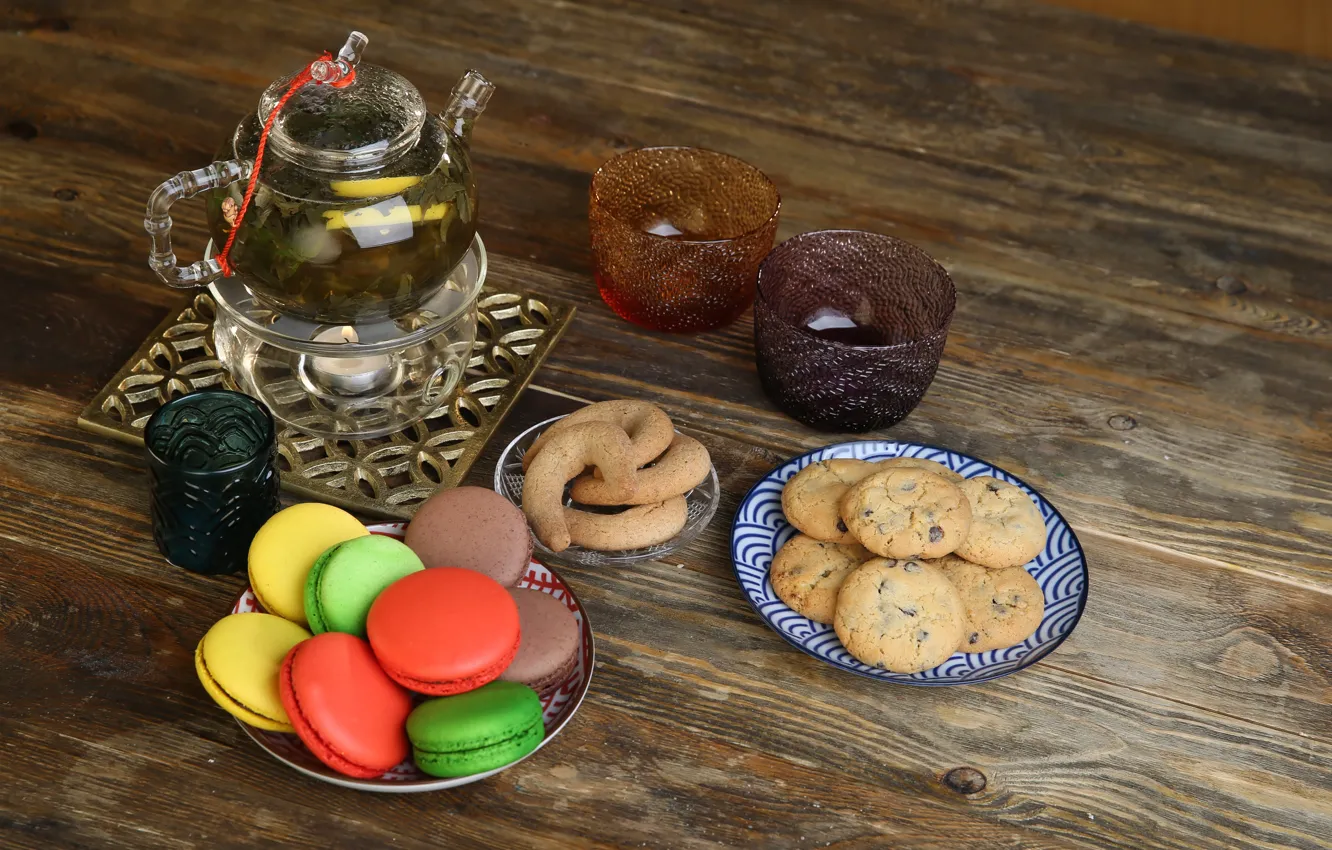 Photo wallpaper tea, cookies, cakes, macaroon