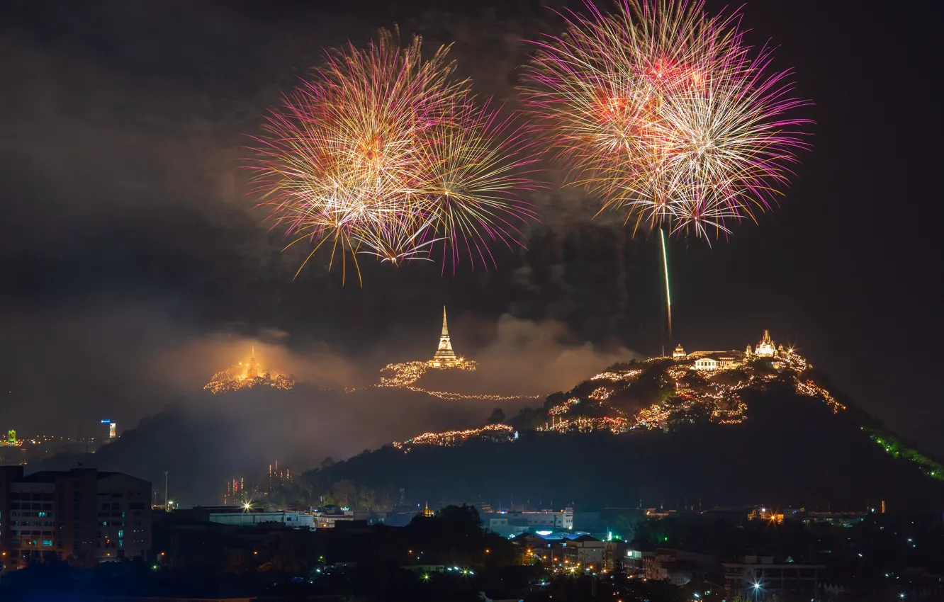 Photo wallpaper mountains, lights, holiday, home, Thailand, New year, Thailand, night city