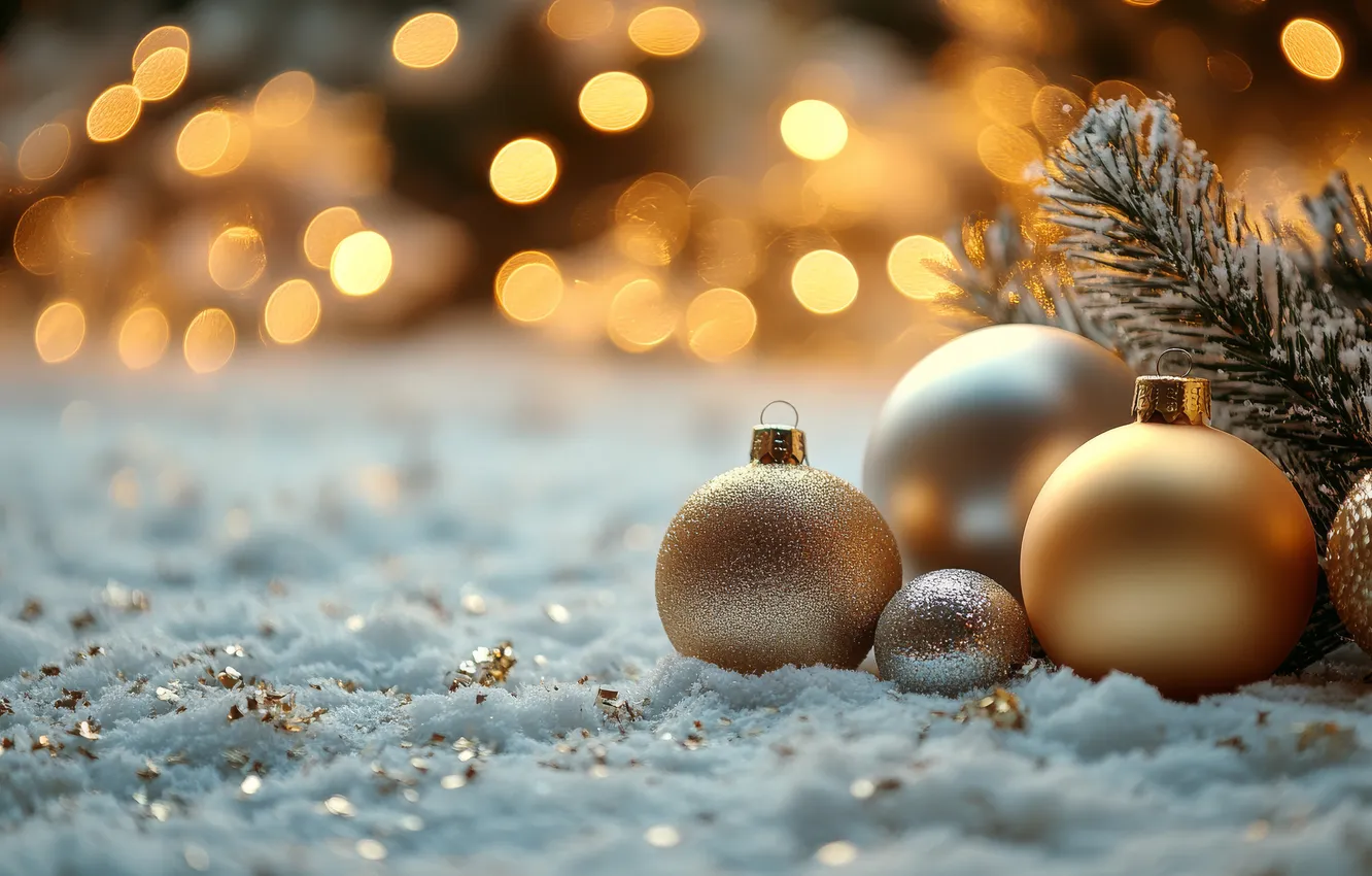 Photo wallpaper winter, balls, snow, lights, new year, sequins, Christmas, needles