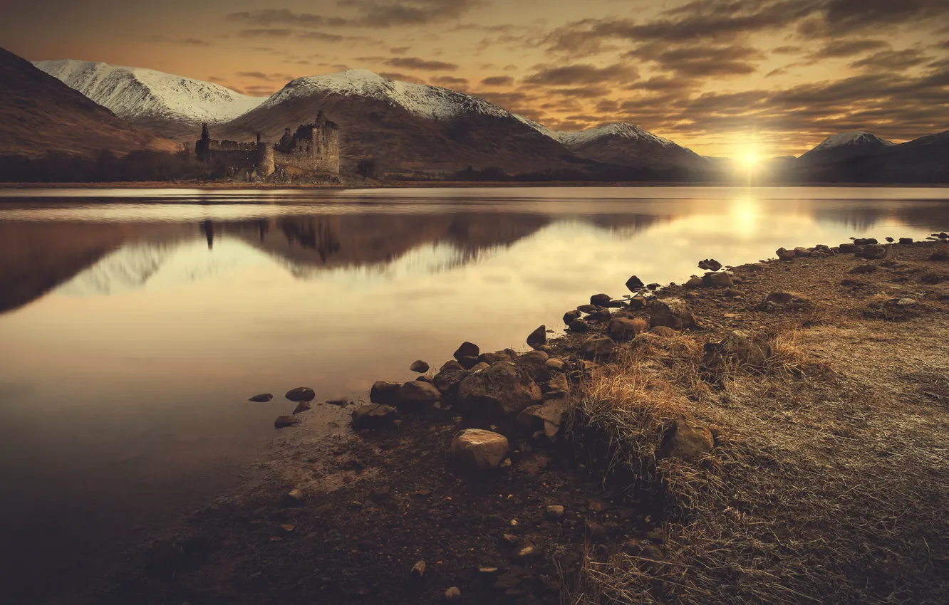 Photo wallpaper sunset, mountains, river, stones, castle, shore, the evening, romantic