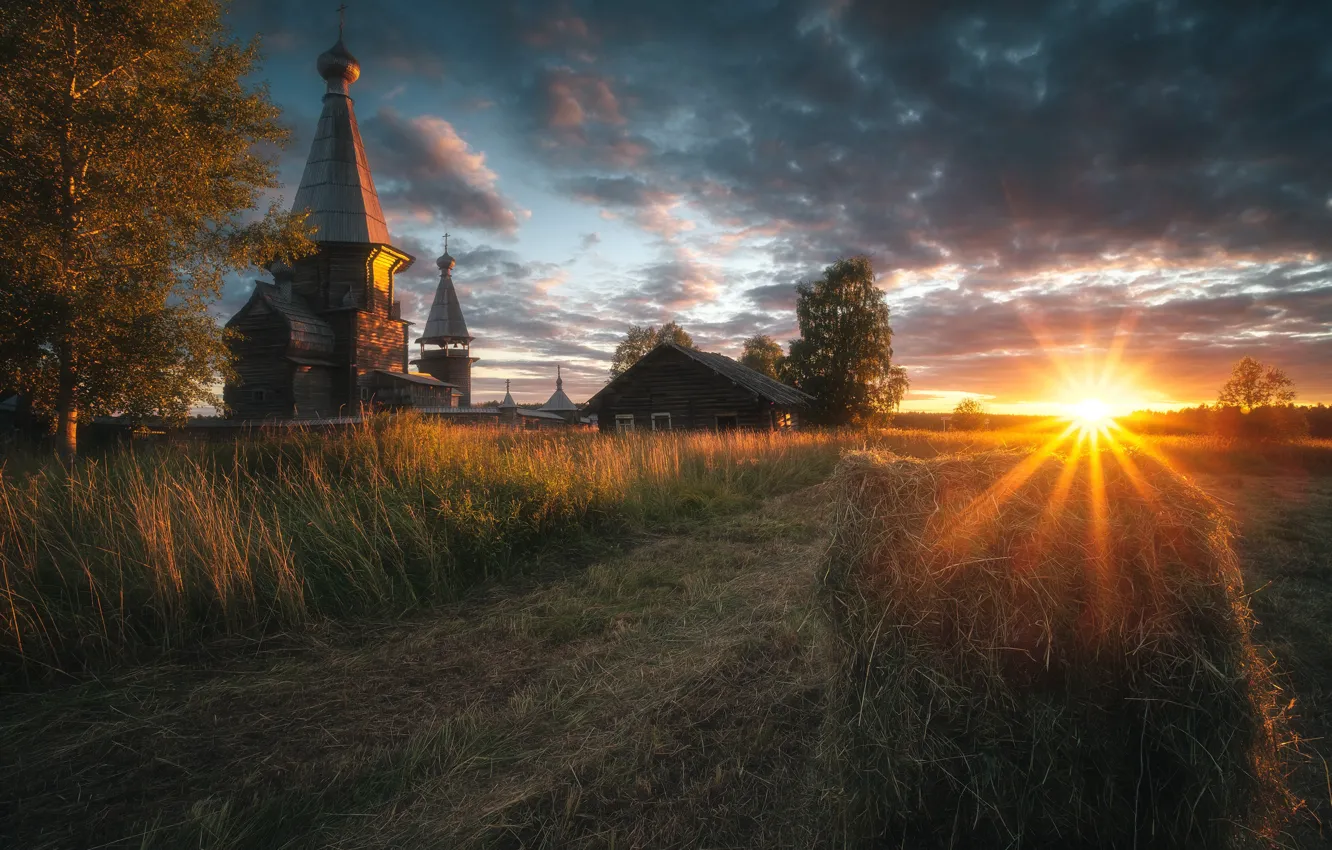 Photo wallpaper the sun, landscape, sunset, nature, home, the evening, Church, hay
