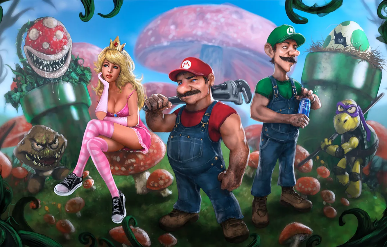 Photo wallpaper Mario, Luigi, Princess Peach, Mario Bros, Goomba, Koopa Troopa