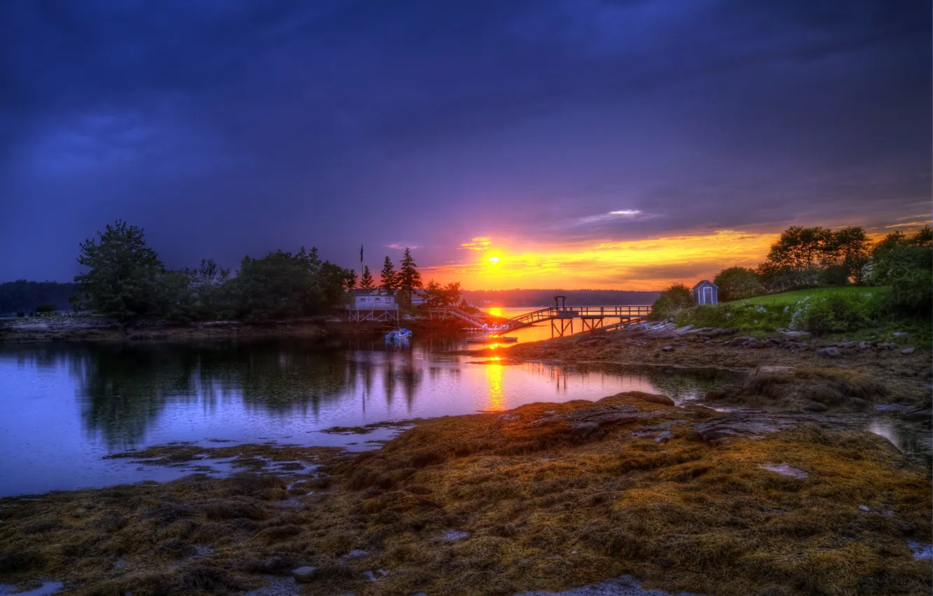 Photo wallpaper FOREST, The SKY, CLOUDS, HOUSE, POND, SUNSET, SHORE, RIVER