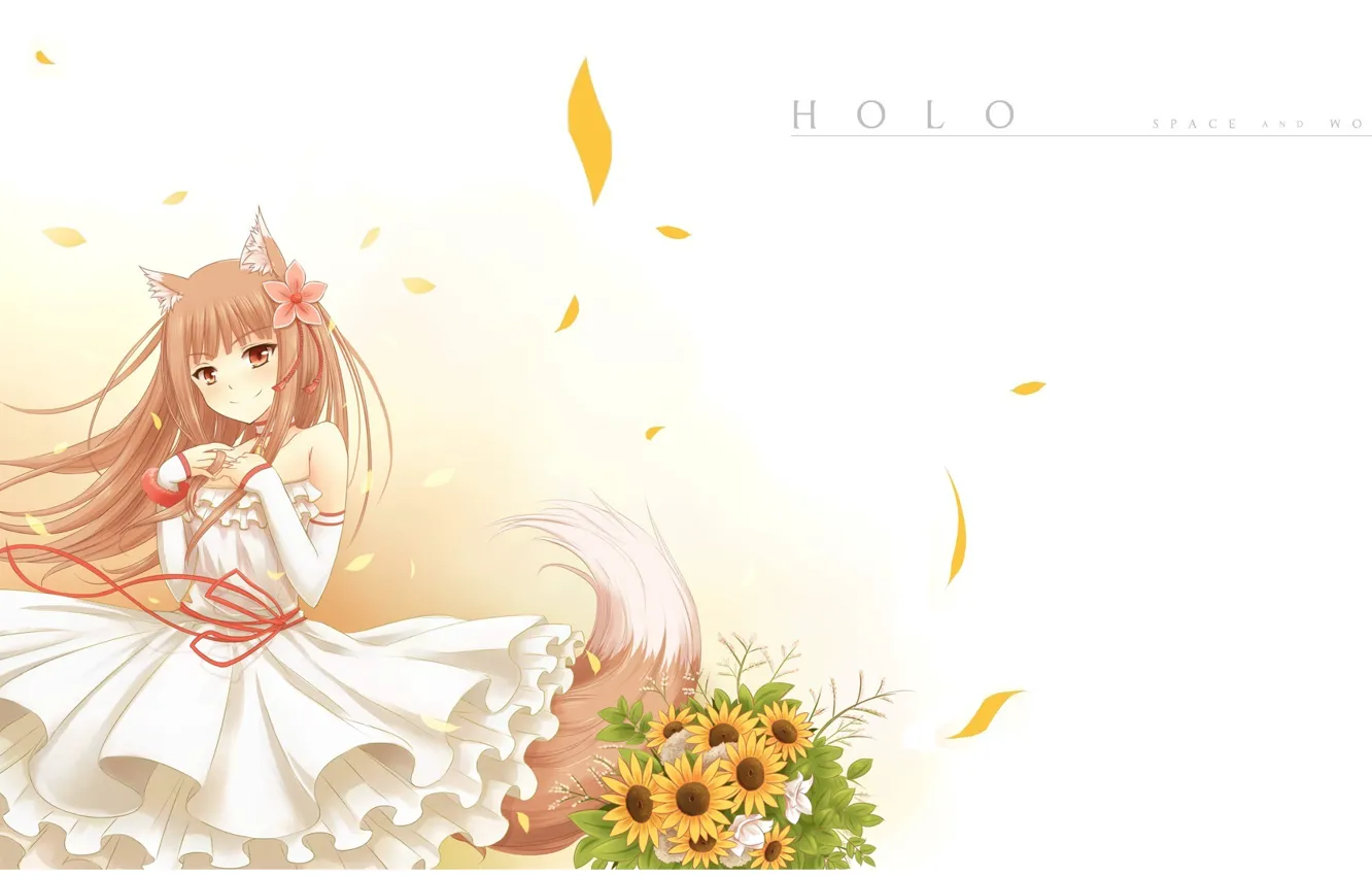 Photo wallpaper smile, bouquet, petals, tail, white dress, ears, Spice and wolf, red thread