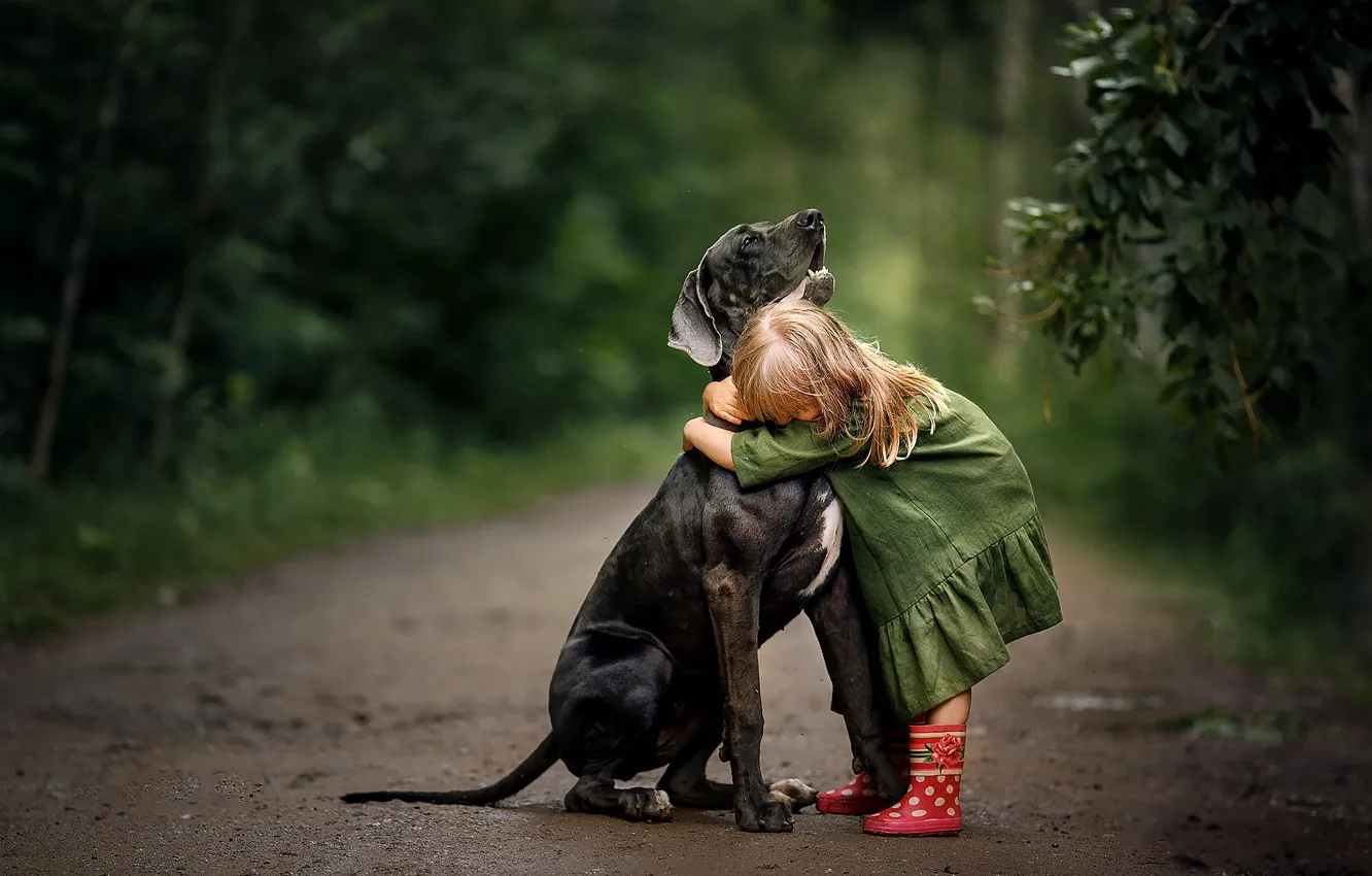 Photo wallpaper nature, children, dog, dress, hugs, girl, boots, baby