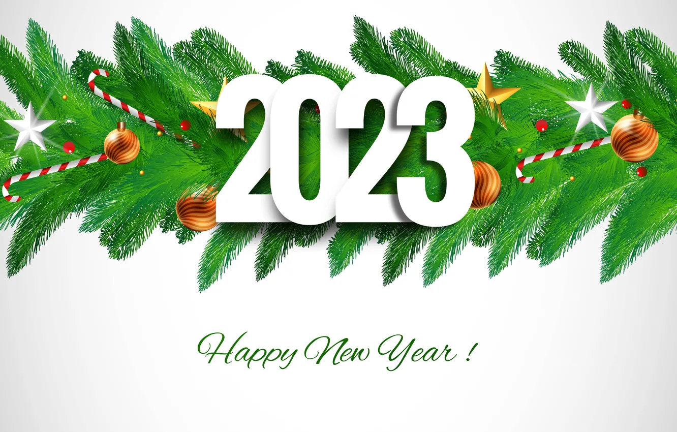 Photo wallpaper stars, balls, branches, the inscription, new year, figures, cane, needles