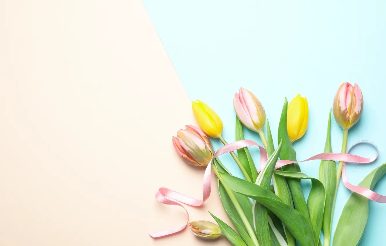 Photo wallpaper flowers, bouquet, tulips, yellow, pink, flowers, tulips, spring