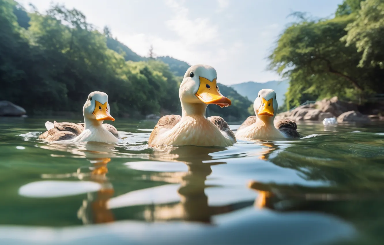 Photo wallpaper water, duck, river, digital art, AI art, The Art of Artificial Intelligence, neural network