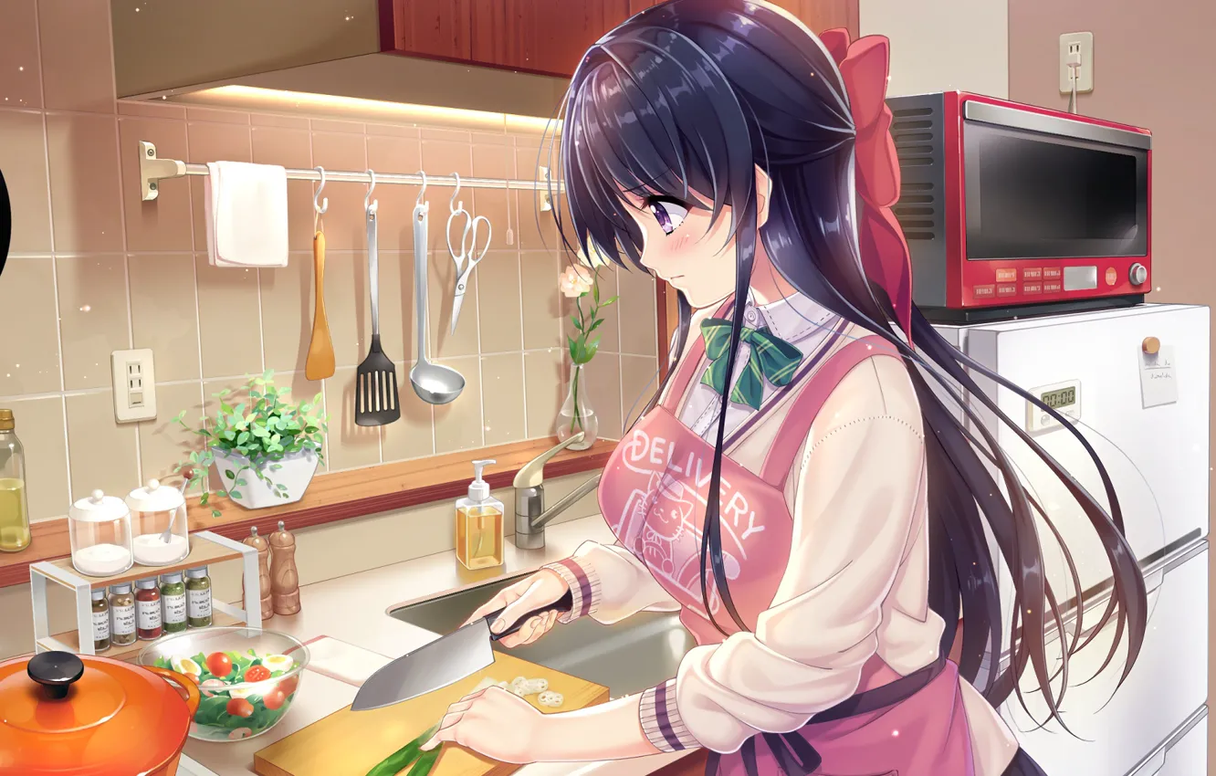 Photo wallpaper flowers, Girl, art, kitchen, knife, instrumento, bow, Anime