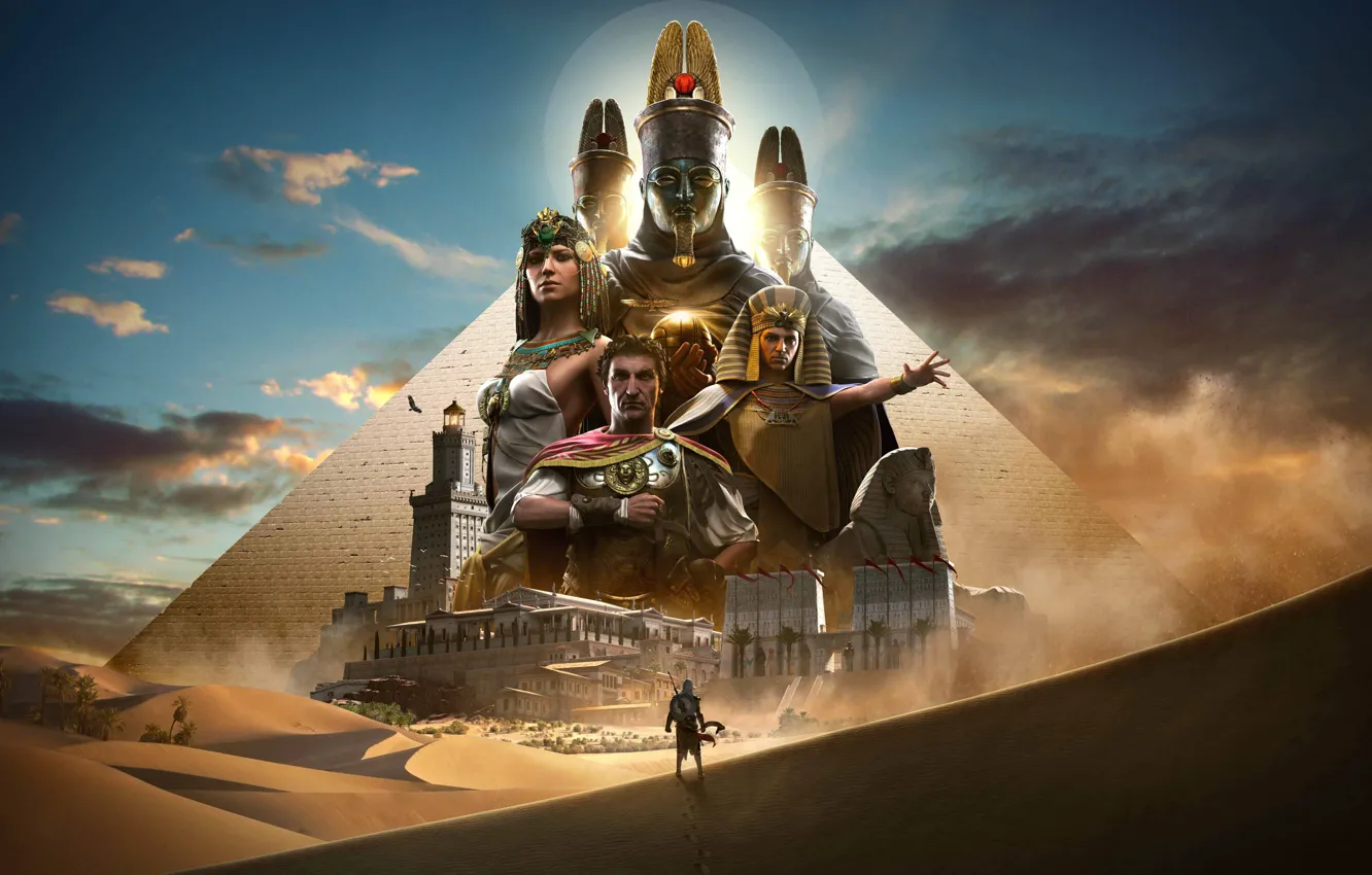 Photo wallpaper Sphinx, Pyramid, Egypt, Assassin's Creed, Caesar, Cleopatra, Assassin's Creed Origins, Bayek