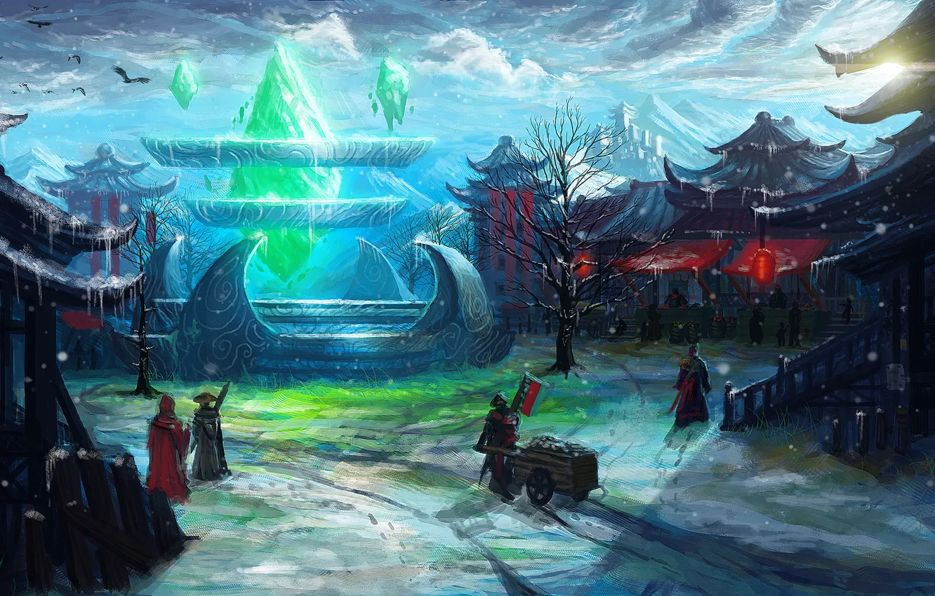 Photo wallpaper the sun, mountains, Asia, home, village, art, wagon, crystals