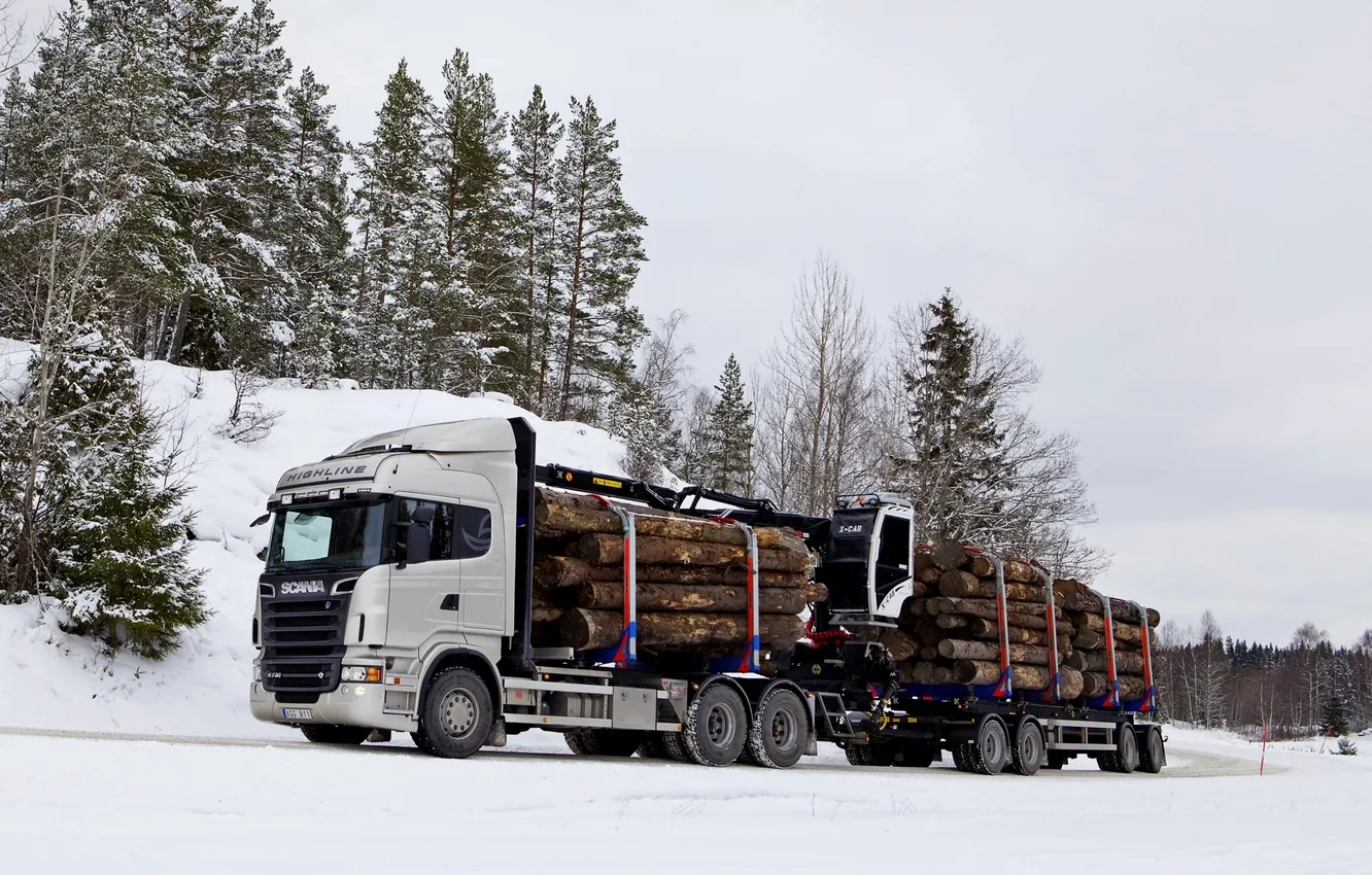 Photo wallpaper winter, forest, snow, Truck, the truck, Scania, R730