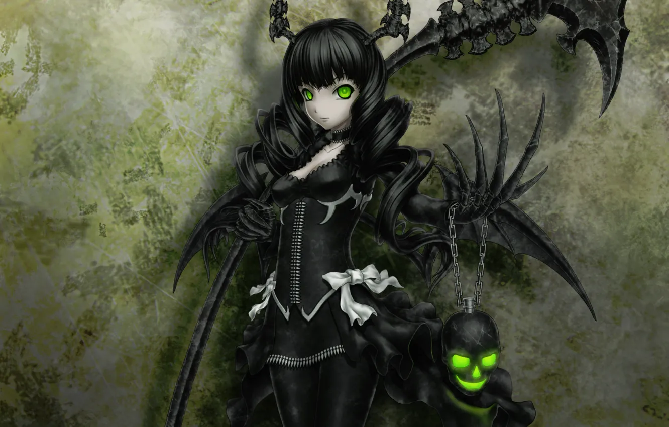 Photo wallpaper skull, black, black hair, black rock shooter, green eyes