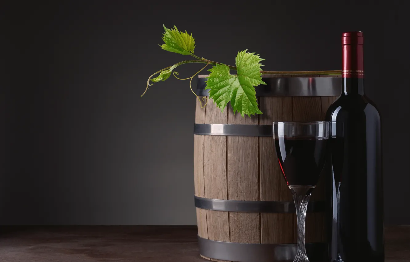 Photo wallpaper leaves, wine, glass, bottle, barrel