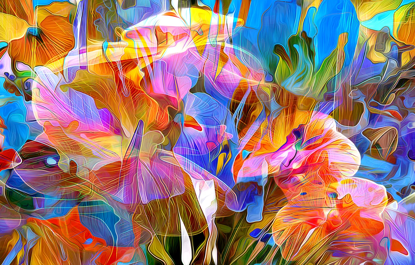 Photo wallpaper flowers, rendering, petals, garden, meadow
