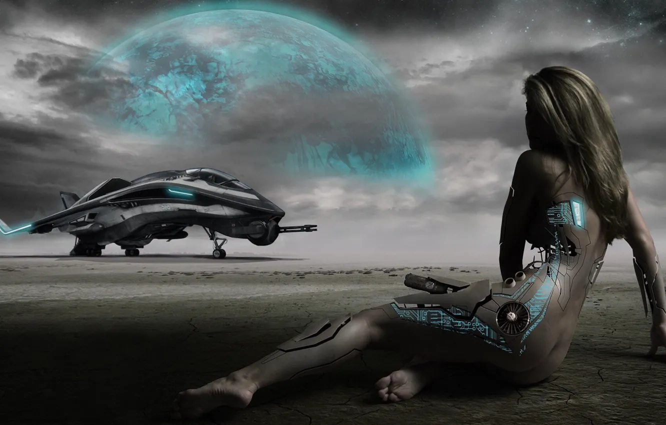 Photo wallpaper future, Other Worlds, long hair, long hair, starship, Future, the gray sky, starship