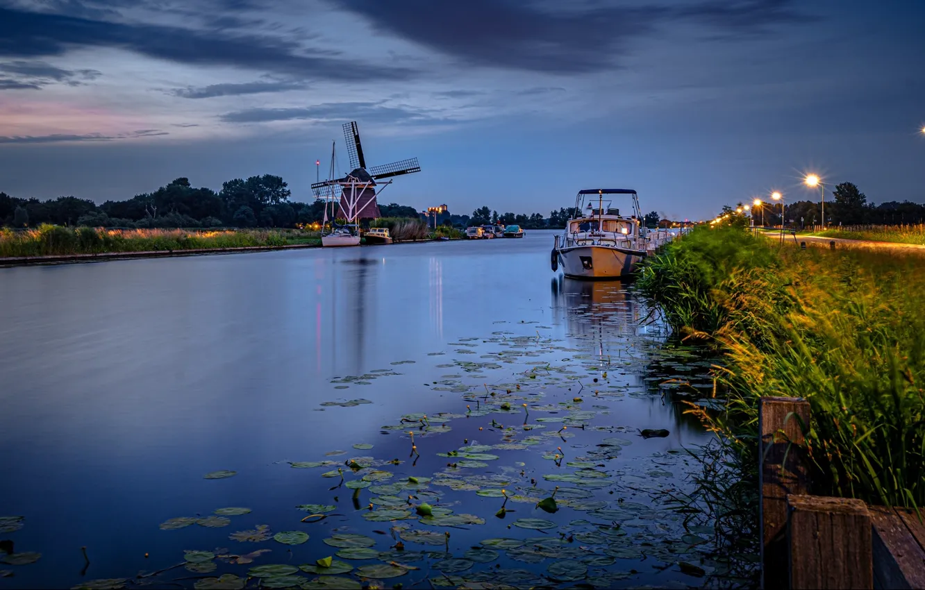 Photo wallpaper landscape, nature, the evening, lighting, lights, mill, channel, Netherlands