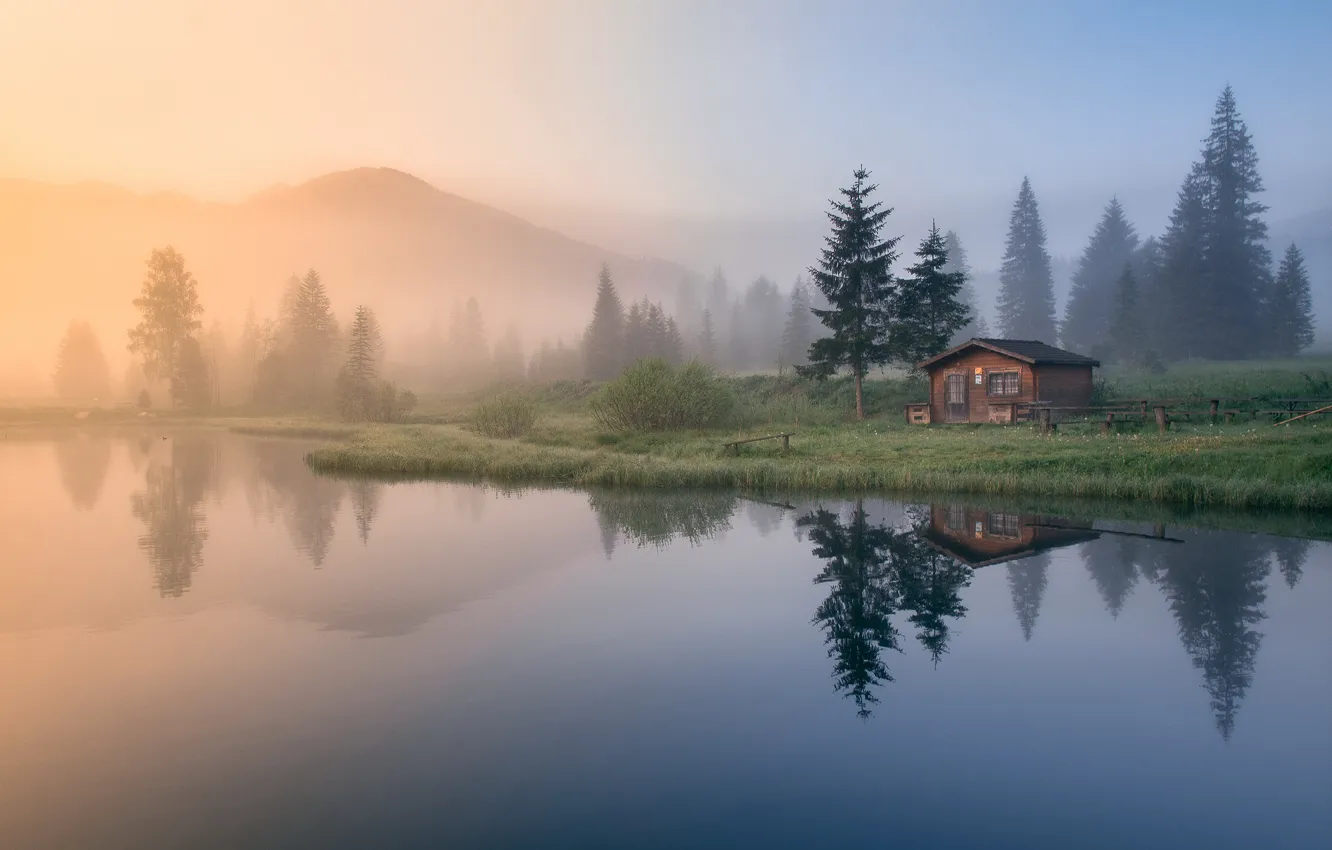Photo wallpaper forest, mountains, fog, house, reflection, morning, ate, house