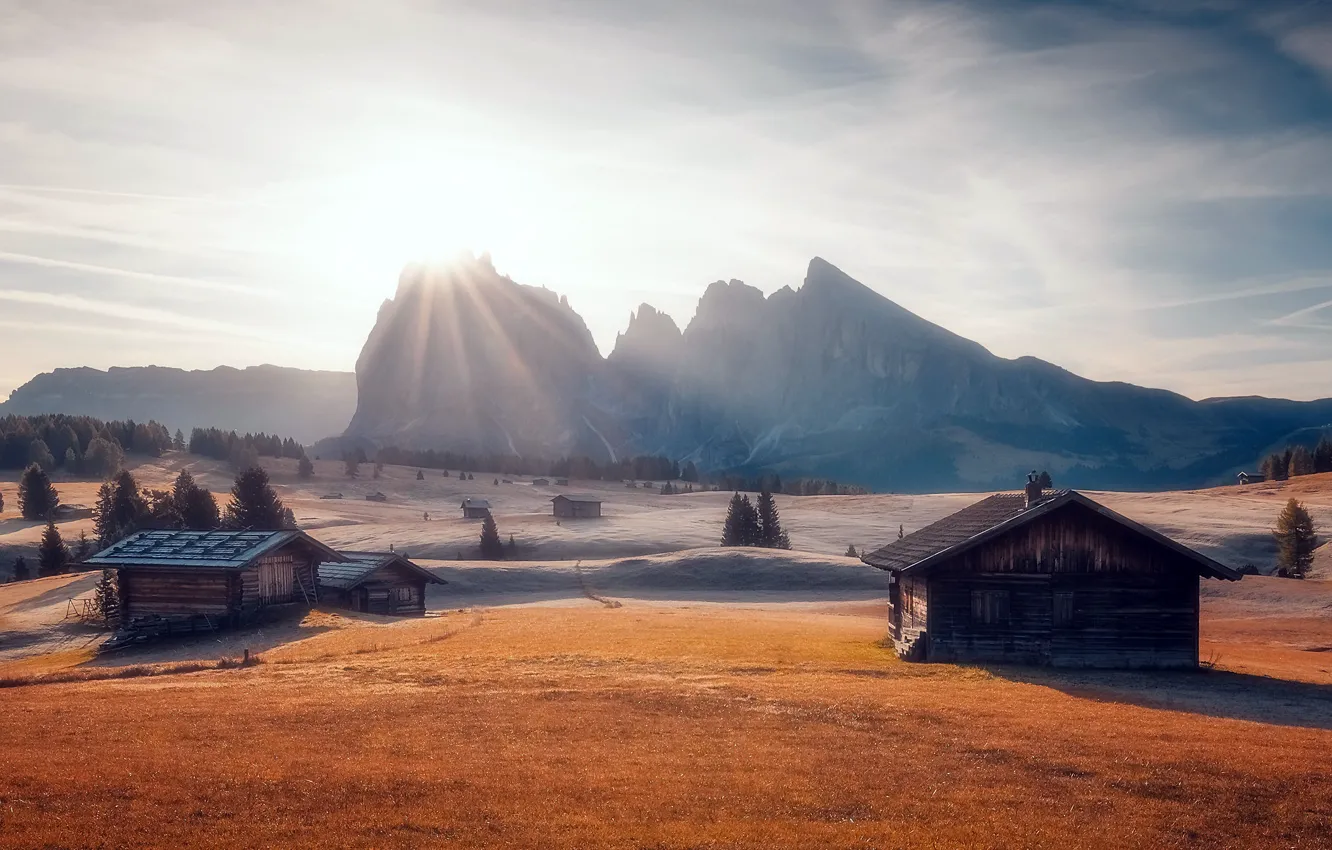 Photo wallpaper fog, morning, mountains, house