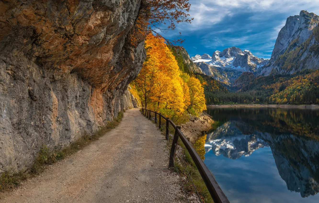 Photo wallpaper road, autumn, forest, mountains, rocks