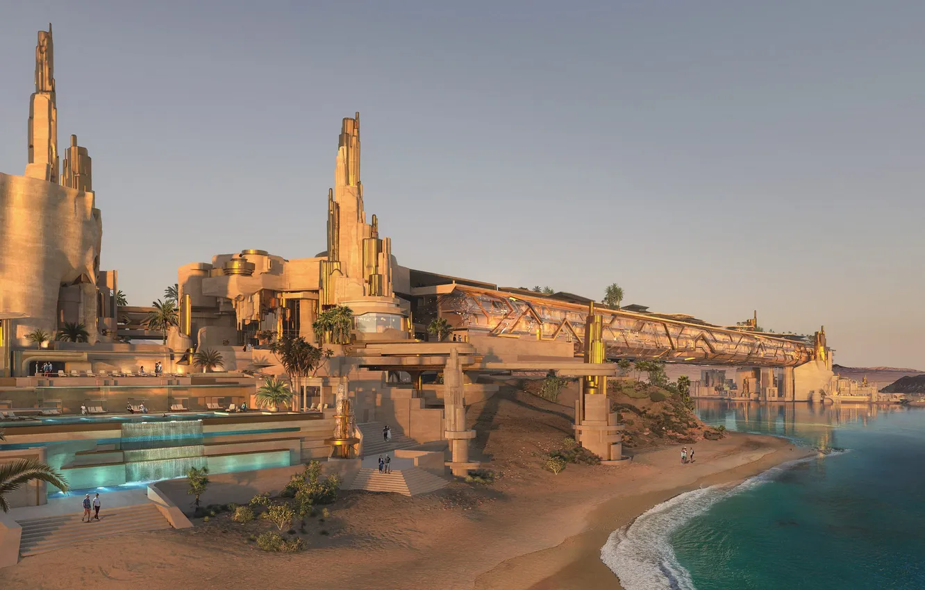 Photo wallpaper lights, waterfall, hotel, Saudi Arabia, Lagoon, neom, waterpool