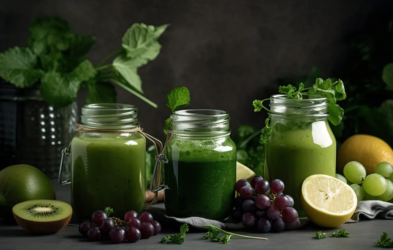 Photo wallpaper green, lemon, kiwi, juice, grapes, Bank, dishes, fruit