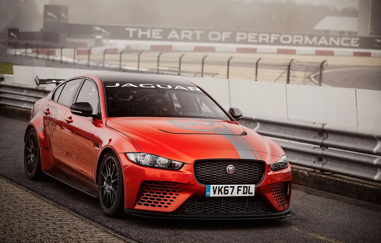 Photo wallpaper asphalt, orange, Jaguar, the fence, XE SV Project 8