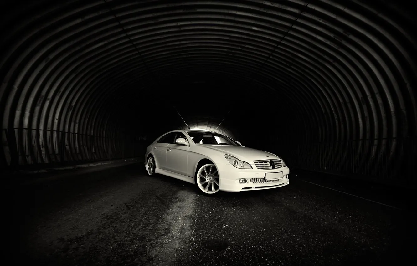 Photo wallpaper Road, White, Light, Mercedes, The tunnel