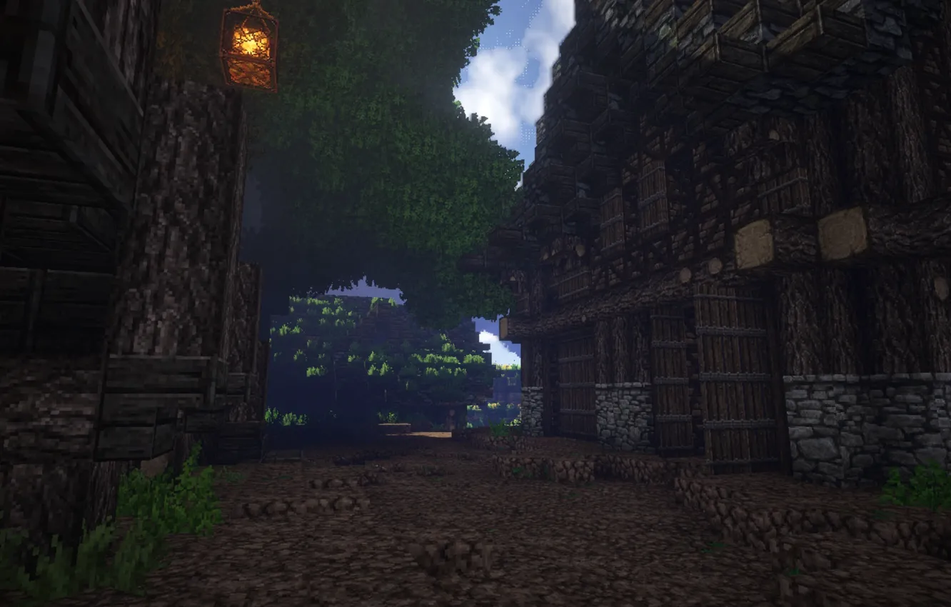 Photo wallpaper grass, house, tree, street, the darkness, gate, lantern, Minecraft