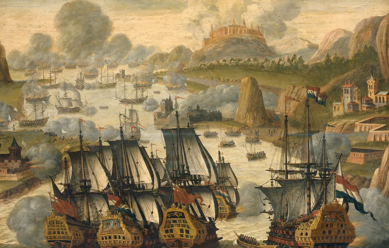 Photo wallpaper trees, ship, oil, picture, battle, Naval Battle in Bay of Vigo