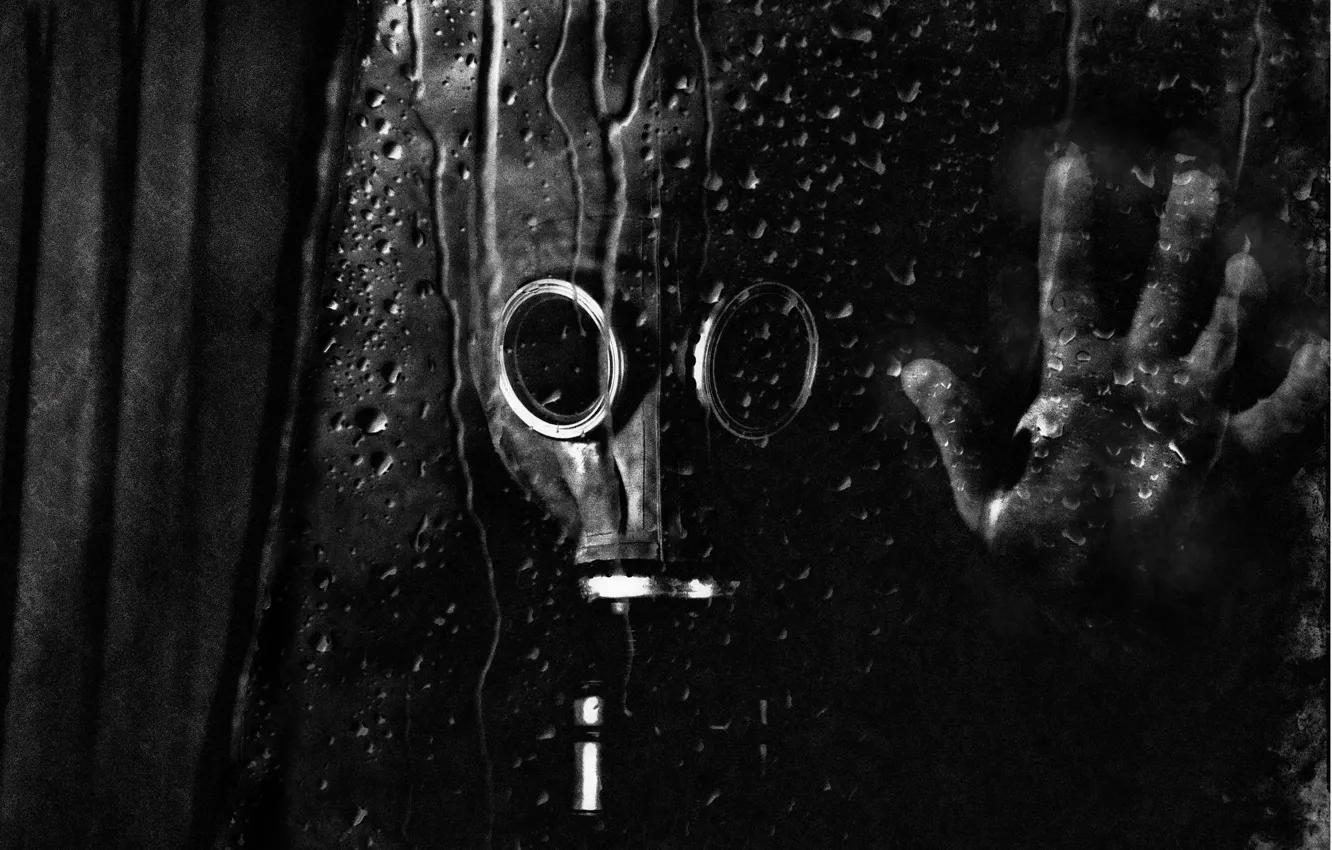 Photo wallpaper Drops, Glass, Hand, Radiation, Gas mask, Stalker, S.T.A.L.K.E.R