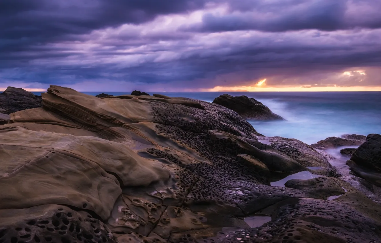 Photo wallpaper sea, clouds, landscape, nature, stones, overcast, rocks, lilac