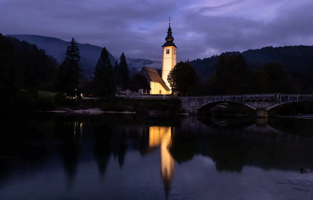Photo wallpaper trees, landscape, mountains, night, bridge, nature, lake, backlight