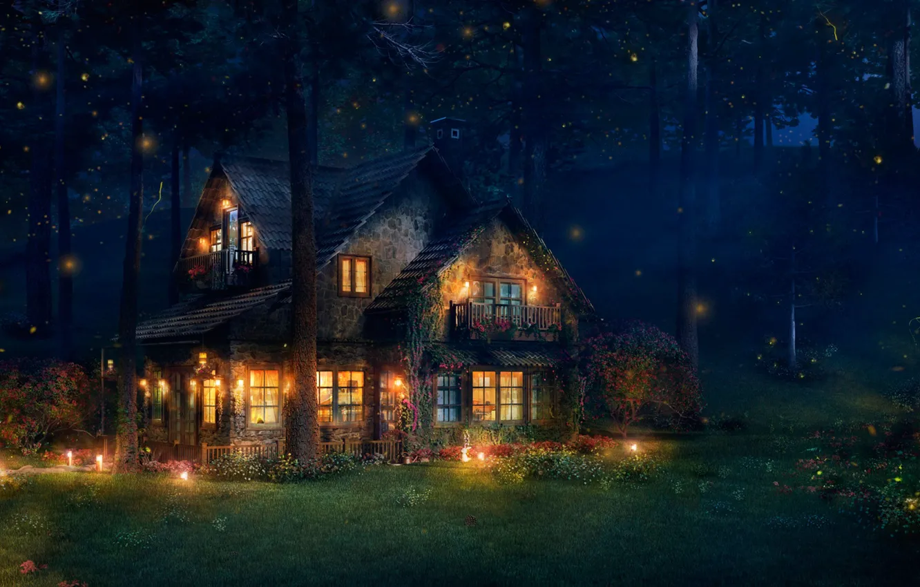 Photo wallpaper forest, house, fireflies, art, The Firefly Cottage