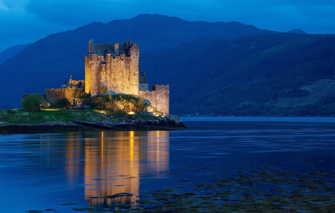 Photo wallpaper water, light, mountains, night, castle, hills, Scotland, backlight