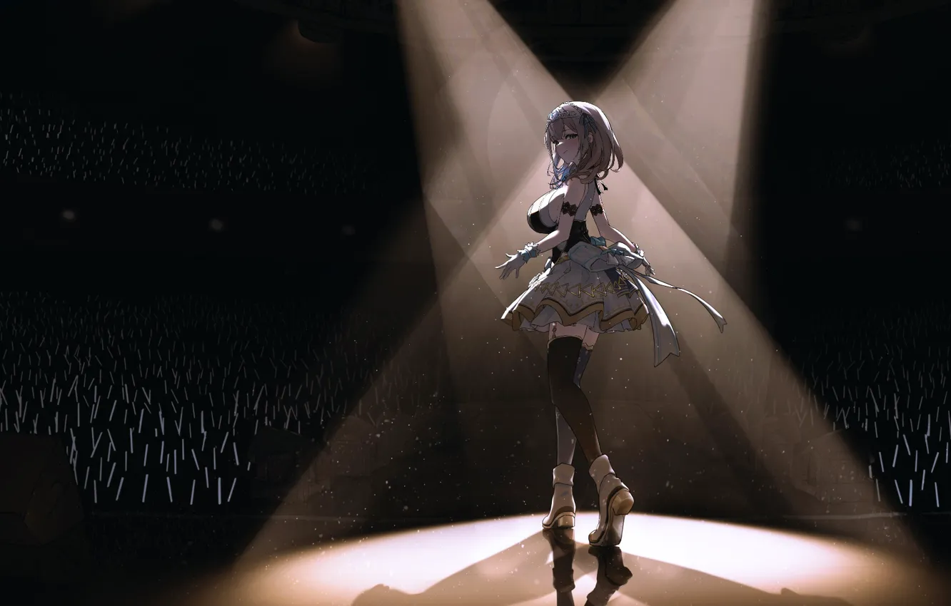 Photo wallpaper anime, figure, big Breasts, the audience, on stage, speech, black stockings, spotlight