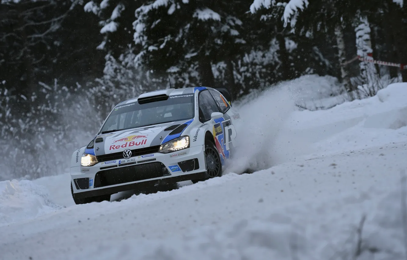 Photo wallpaper Winter, Auto, Snow, Sport, Volkswagen, Skid, Red Bull, WRC