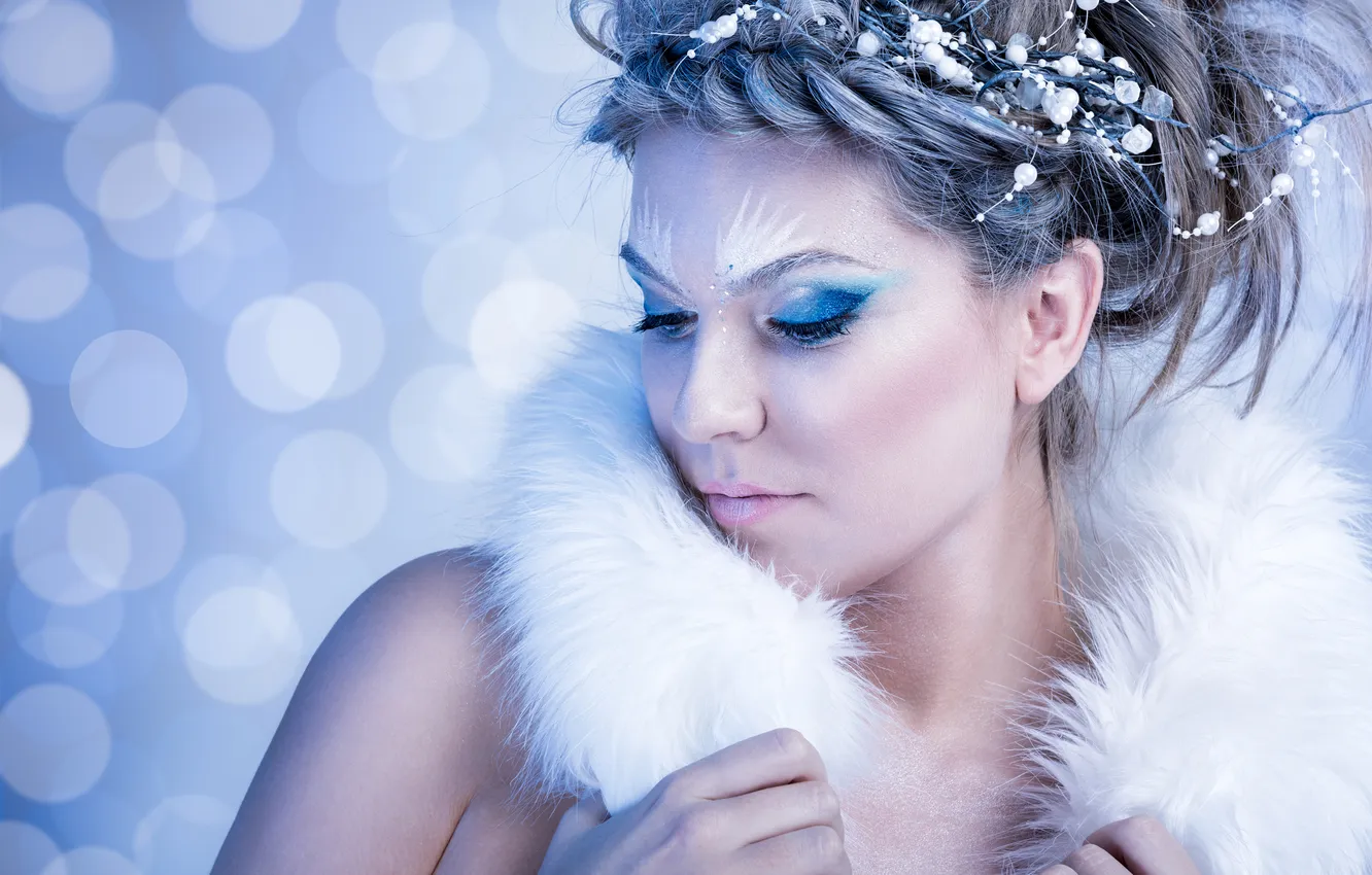 Photo wallpaper white, girl, glare, winter, makeup, hairstyle, outfit, fur