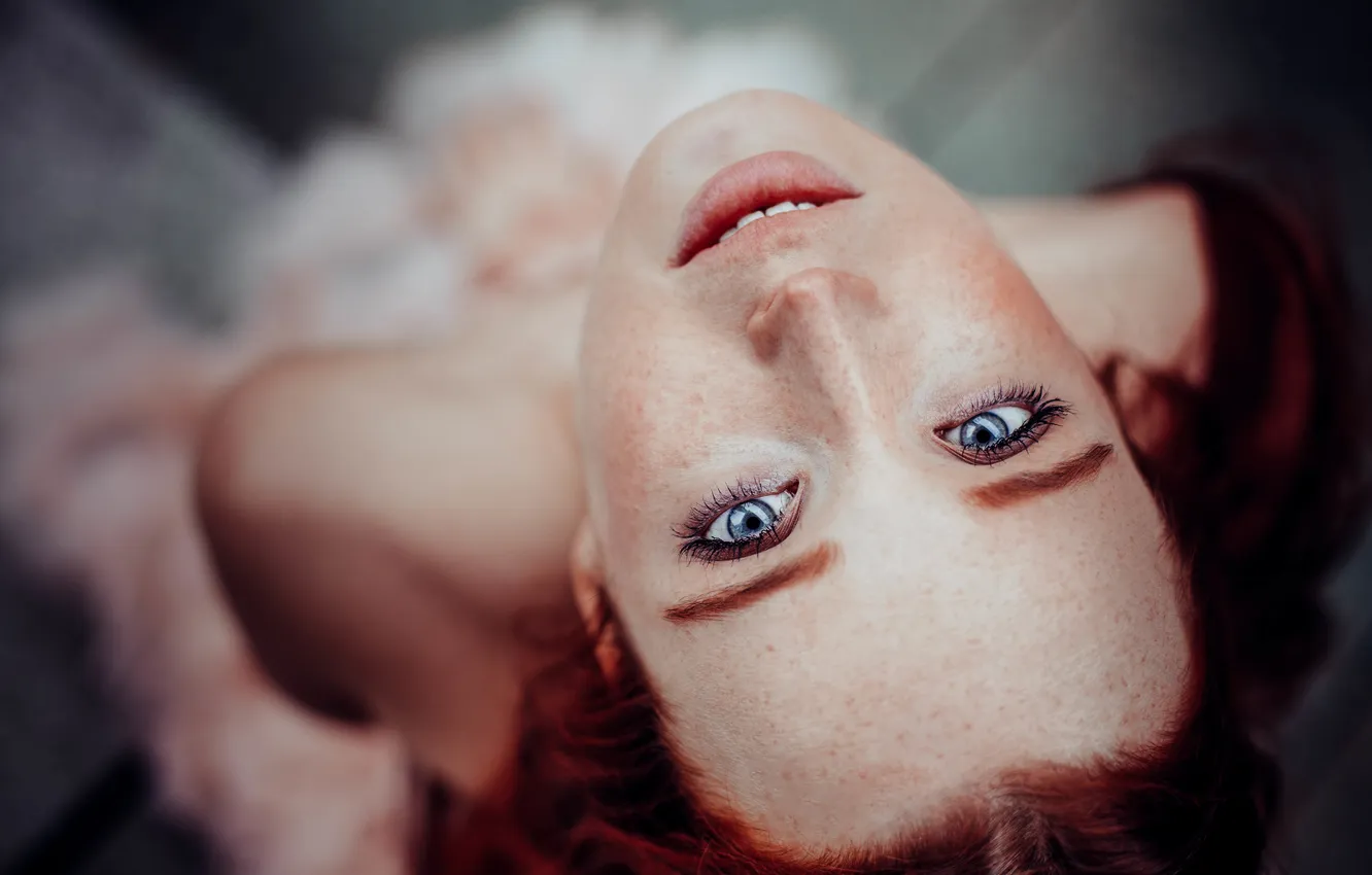 Photo wallpaper girl, face, freckles, red