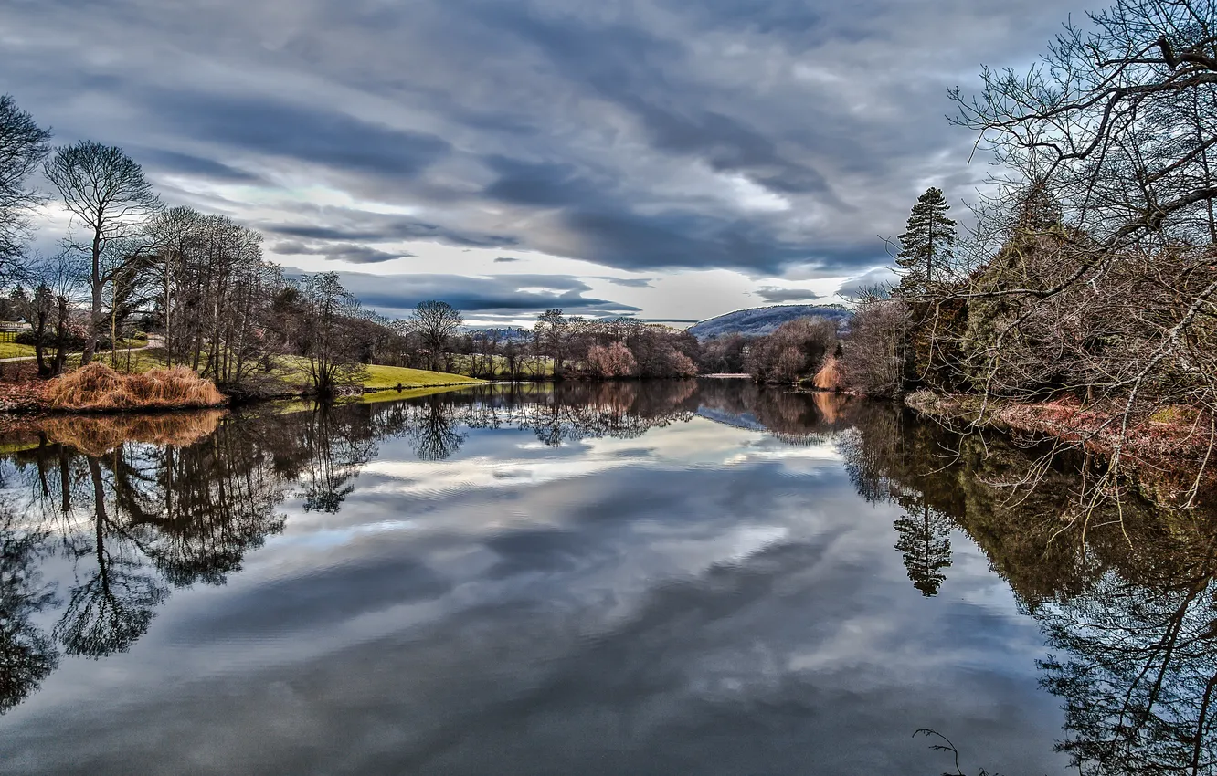 Photo wallpaper autumn, the sky, trees, clouds, lake