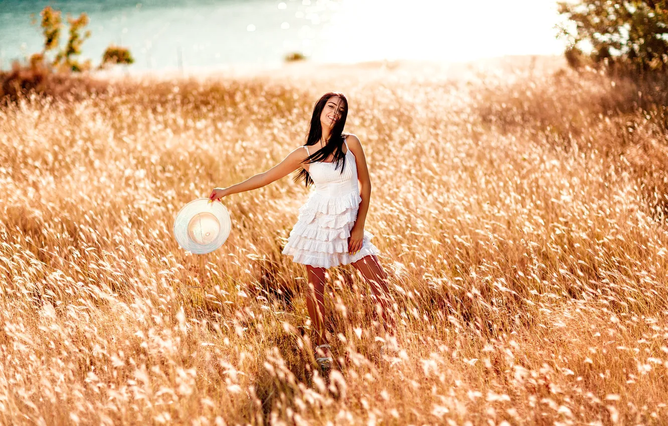 Photo wallpaper summer, grass, girl, pose, smile, mood, dress, meadow