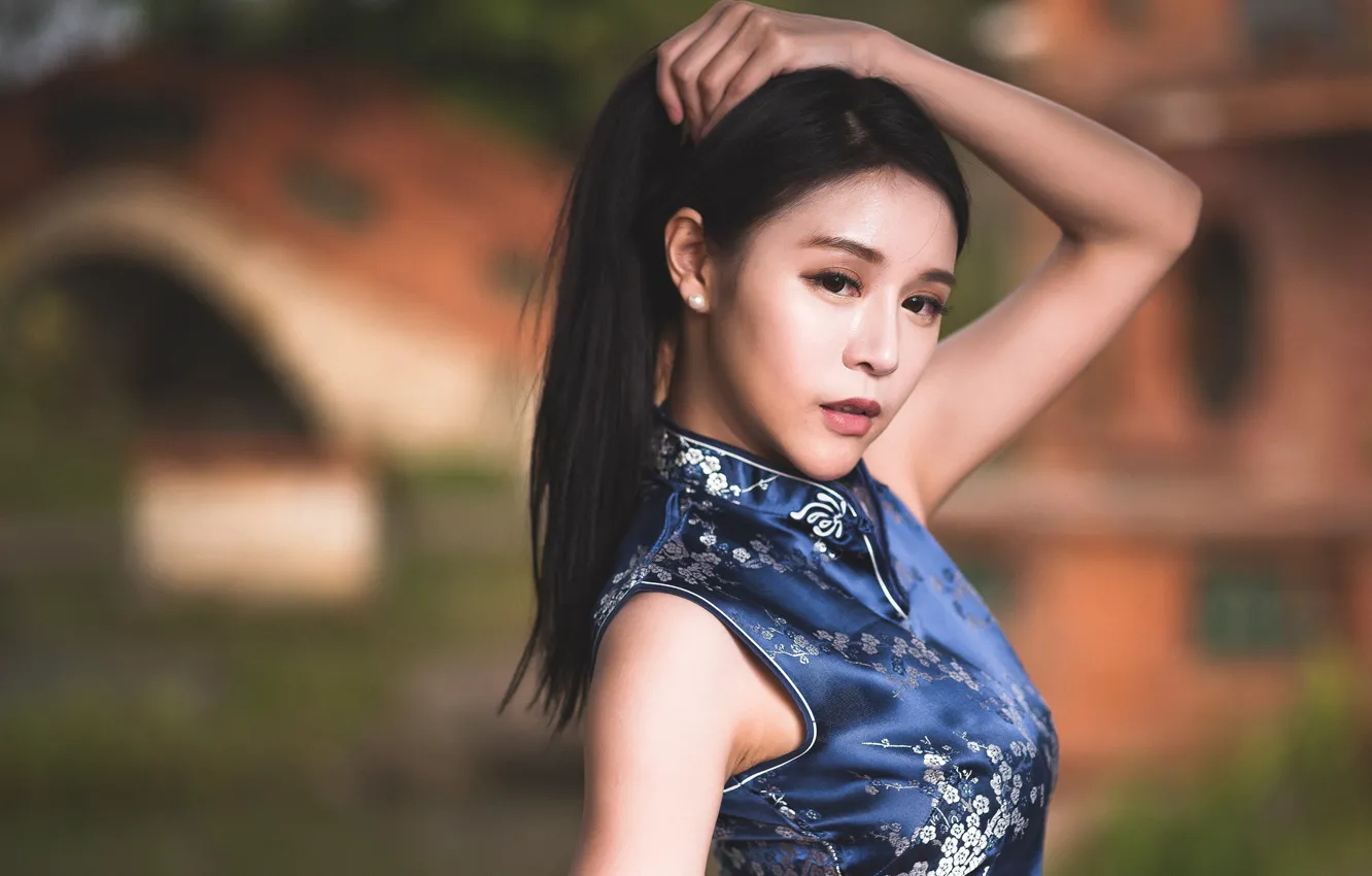 Photo wallpaper look, girl, style, hair, Asian, bokeh