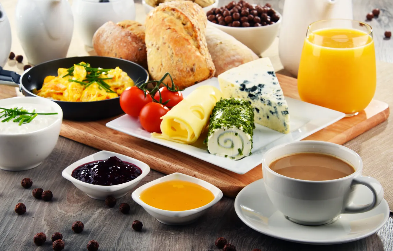 Photo wallpaper coffee, food, Breakfast, cheese, juice, bread, jam, cereal