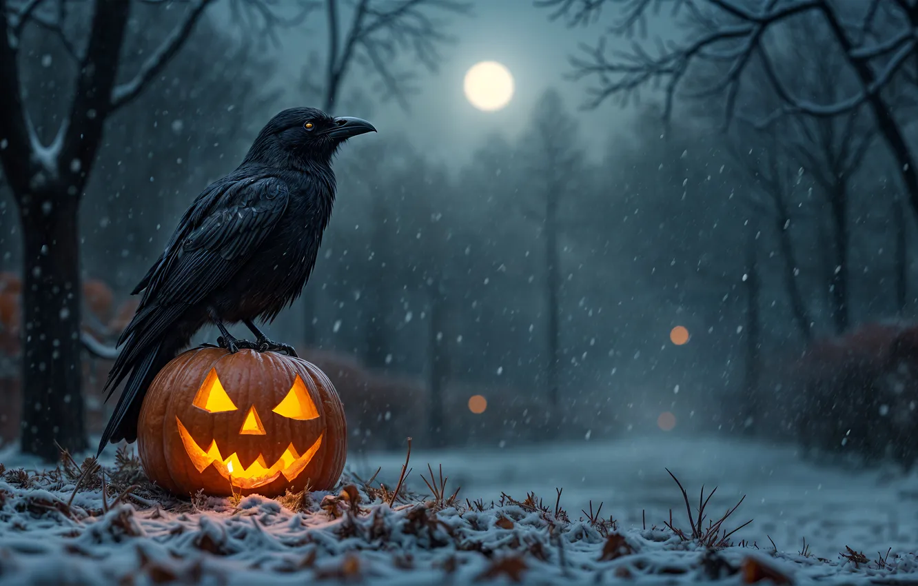 Photo wallpaper Halloween, crow, snowfall, Halloween Pumpkin, celebrations, Halloween night, Winter Snow
