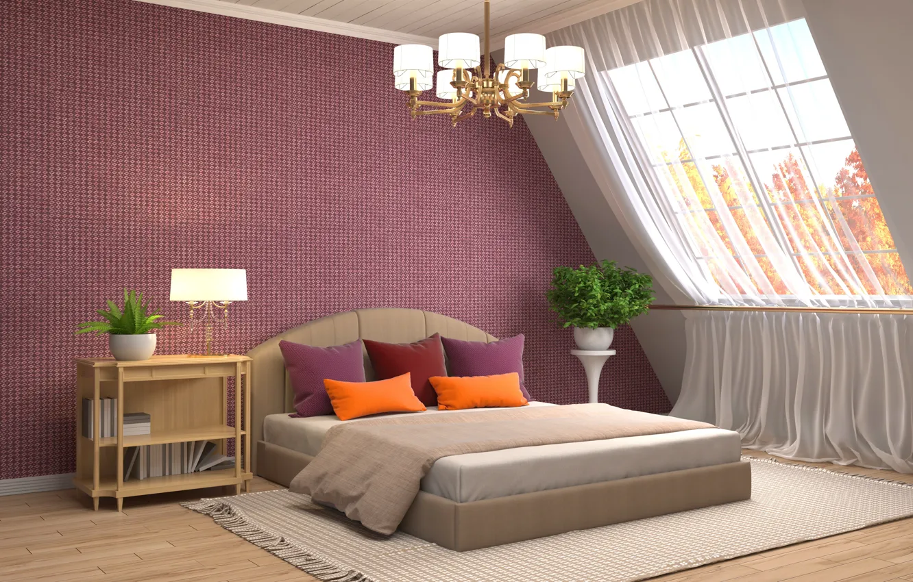 Photo wallpaper design, house, bed, interior, window, chandelier, bedroom