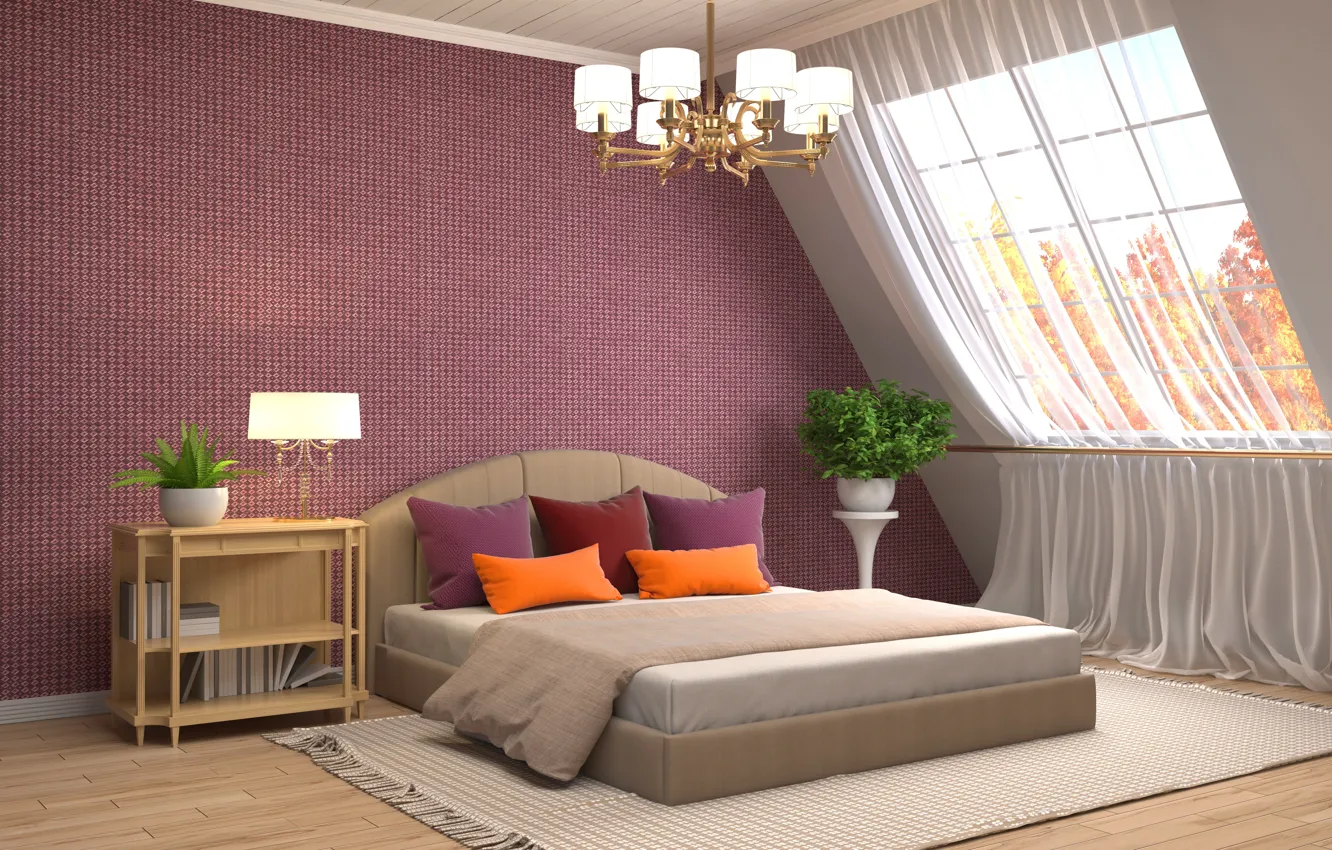 Photo wallpaper design, bed, home, interior, window, chandelier, bedroom