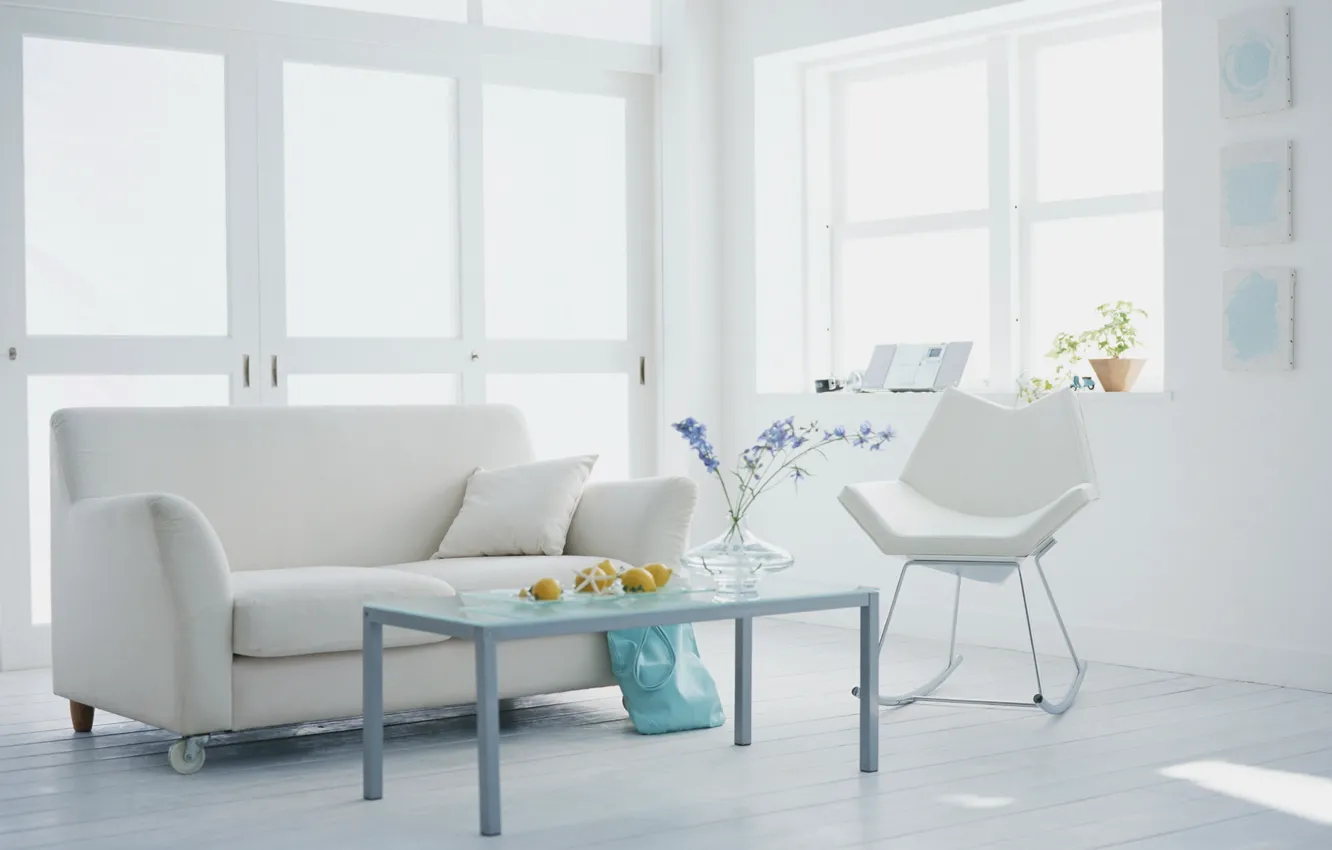 Photo wallpaper white, flowers, design, style, room, sofa, interior, plants