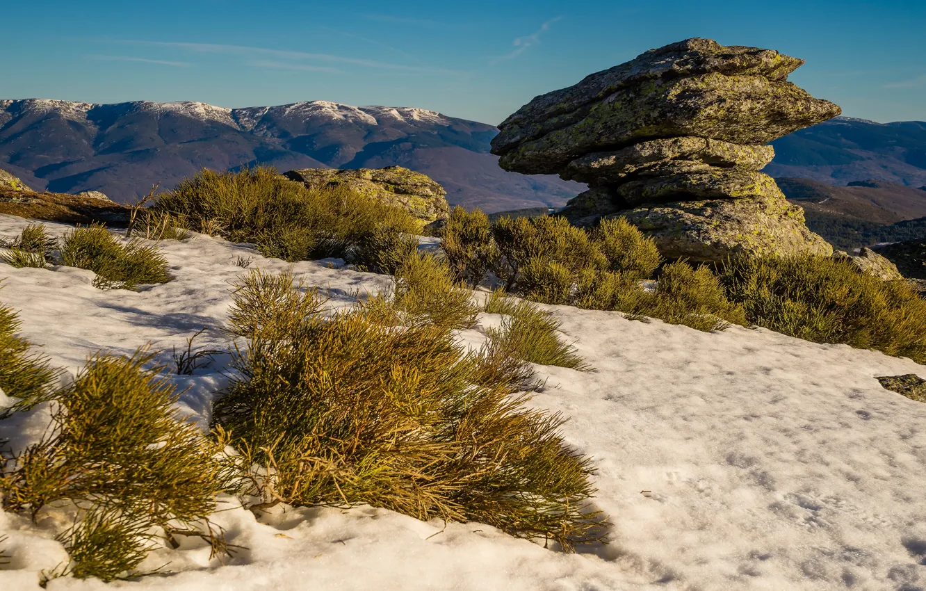 Photo wallpaper snow, mountains, stones, tops, spring, slope, barb, blocks
