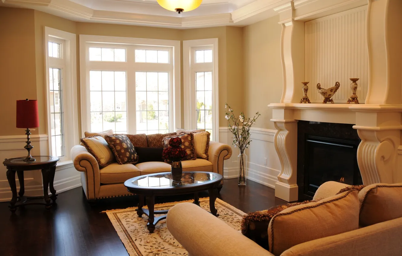 Photo wallpaper flowers, room, sofa, window, lamp, vase, fireplace, table